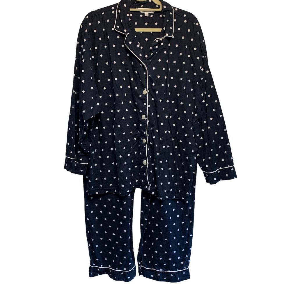 Alexander Del Rossa Pajama Set 2X Navy Blue White Polka Dot 100% Cotton Classic